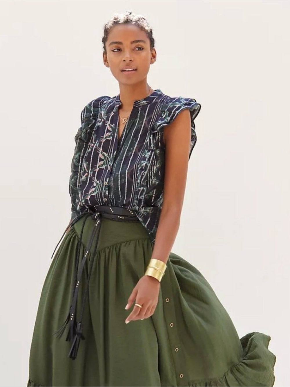Pilcro Anthropologie Silver Metallic Sleeveless Blouse with Green & Pink Pattern - Picture 7 of 8